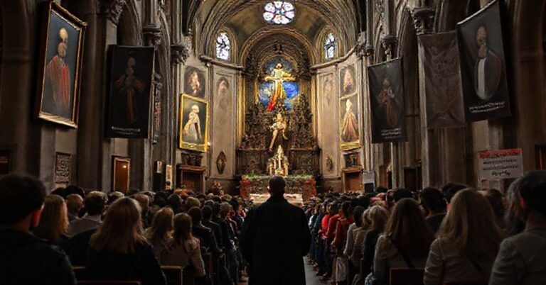 Scena Kościoła w Paryżu podczas ekumenicznego spotkania Taizé, ukazująca dekonsekrację katolickiej wiary przez naturalistyczne wydarzenie o charakterze emocjonalnym.