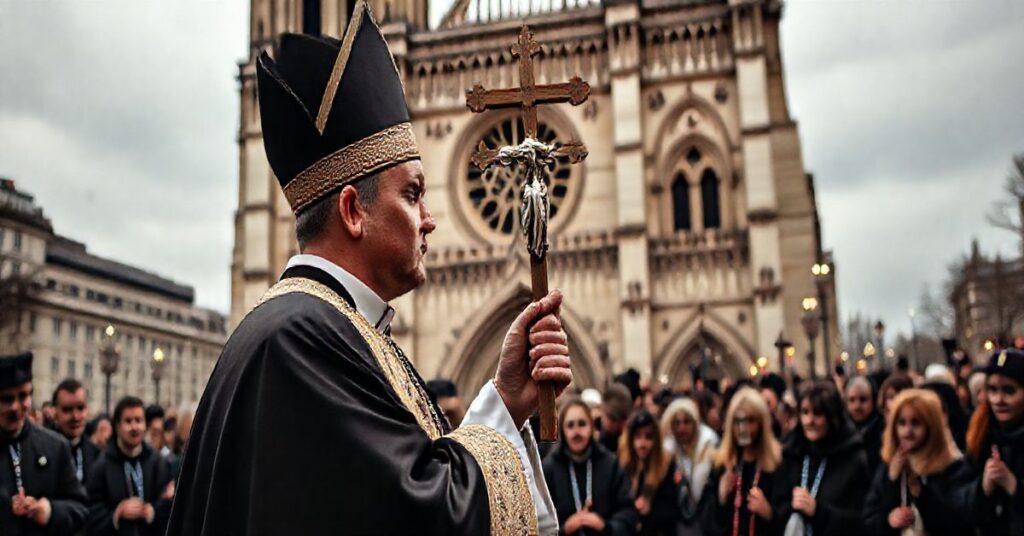 Kaplica katolicka przy Notre Dame w Paryżu z kapłanem trzymającym krucyfiks, symbolizująca autentyczną wiarę wobec nowoczesnych zagrożeń