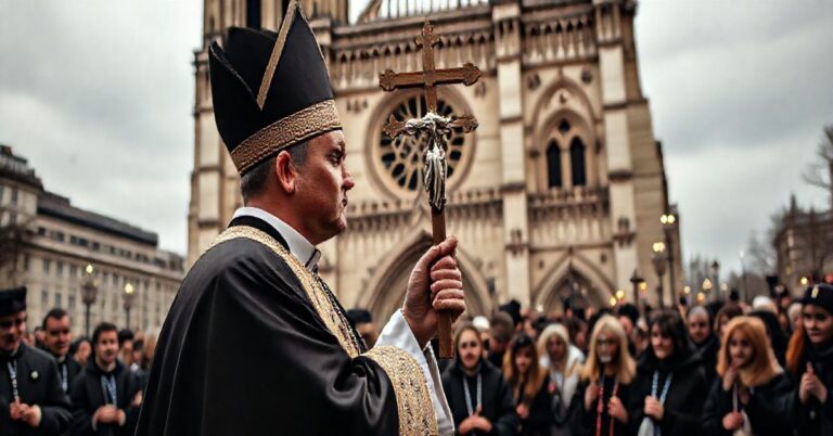 Kaplica katolicka przy Notre Dame w Paryżu z kapłanem trzymającym krucyfiks, symbolizująca autentyczną wiarę wobec nowoczesnych zagrożeń