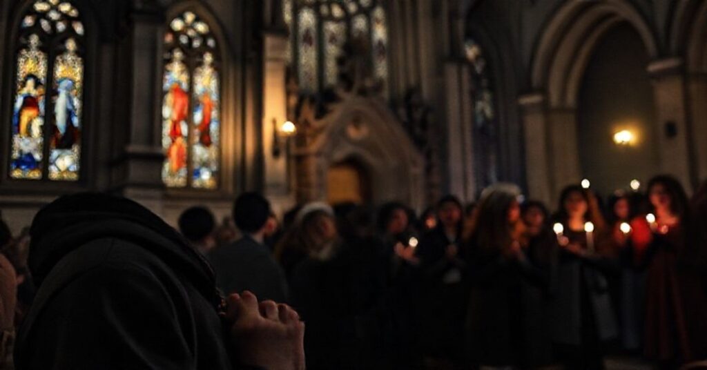 Młody człowiek modli się w tradycyjnym kościele katolickim w Paryżu podczas ekumenicznego spotkania Wspólnoty z Taizé.