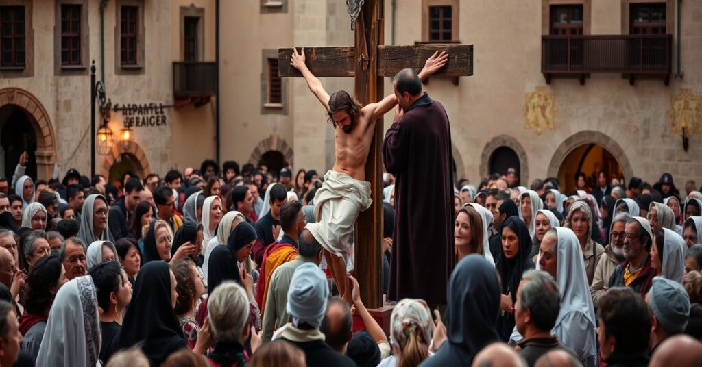 Tradycyjny katolicki obraz Pasji z Ukrzyżowaniem Chrystusa w europejskim mieście, z tłumem wierzących i postaciami: Jezusem, Maryją i św. Janem.