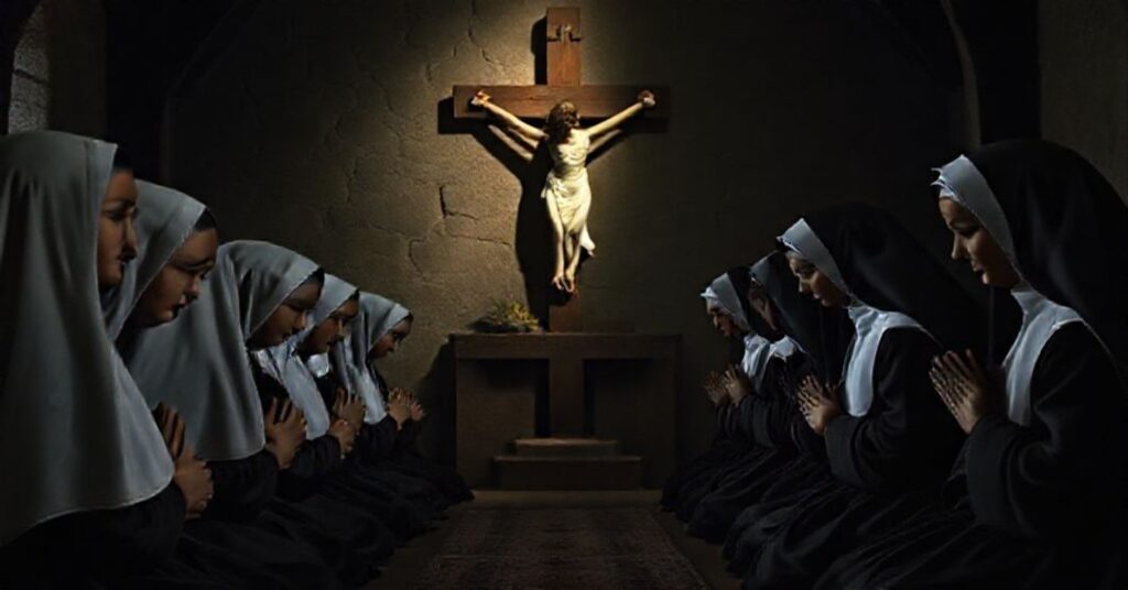 Pasionistki modlące się przed krzyżem w tradycyjnym habitu. Scena oddaje głęboki żal i duchową poświęcenie w walce z niewolnictwem.