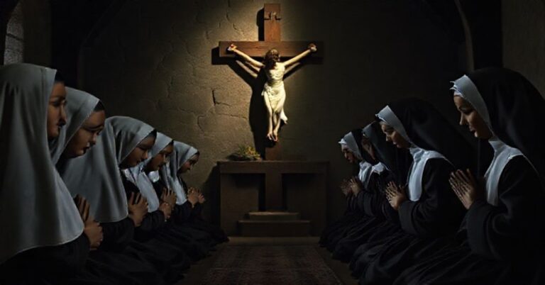 Pasionistki modlące się przed krzyżem w tradycyjnym habitu. Scena oddaje głęboki żal i duchową poświęcenie w walce z niewolnictwem.