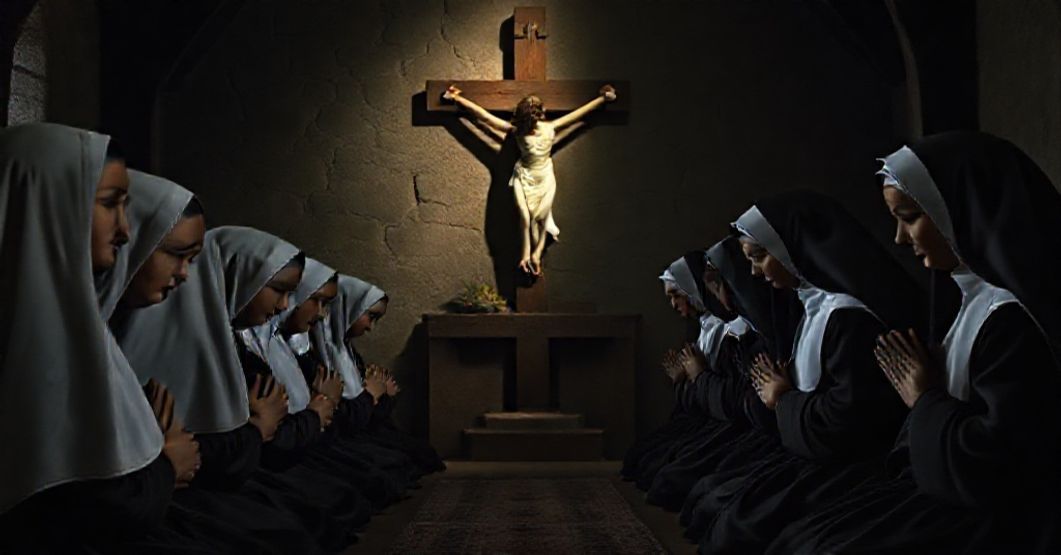 Pasionistki modlące się przed krzyżem w tradycyjnym habitu. Scena oddaje głęboki żal i duchową poświęcenie w walce z niewolnictwem.