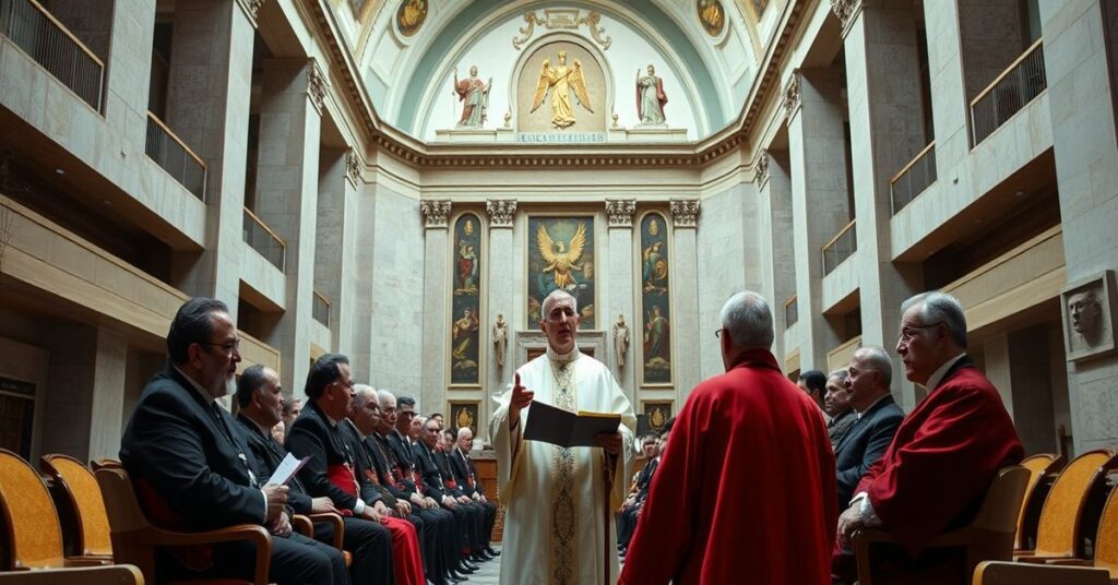 Ojciec Roberto Pasolini wygłaszający kazanie w Pawilonie Pawła VI w Watykanie w obecności uzurpatora Leona XIV i przedstawicieli kurii. Scena ukazuje kontrast między tradycyjną nauką katolicką a modernistycznym betonem dyplomacji jako drogą do pokoju.