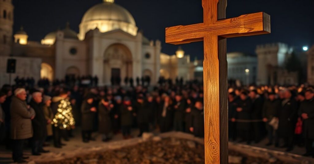 Bazylika Narodzenia Pańskiego w Betlejem podczas synkretycznej celebracji Pasterki z pustym żłobkiem i tłumem.