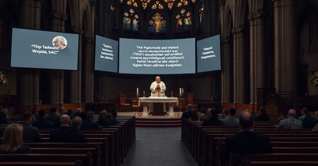 Scena w archikatedrze oliwskiej podczas pasterki z "abp" Tadeuszem Wojdą w ambonie