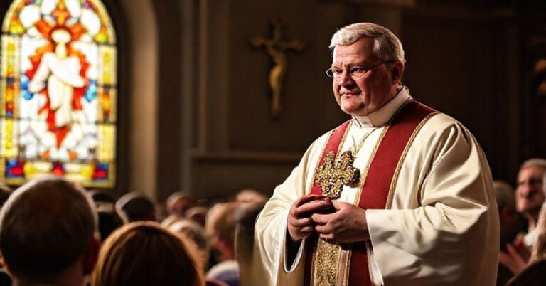 Pasterz w tradycyjnych szatach liturgicznych przedstawia Najświętszy Sakrament przed zgromadzeniem wiernych z witrażem Serca Jezusowego i krzyżem na tle.