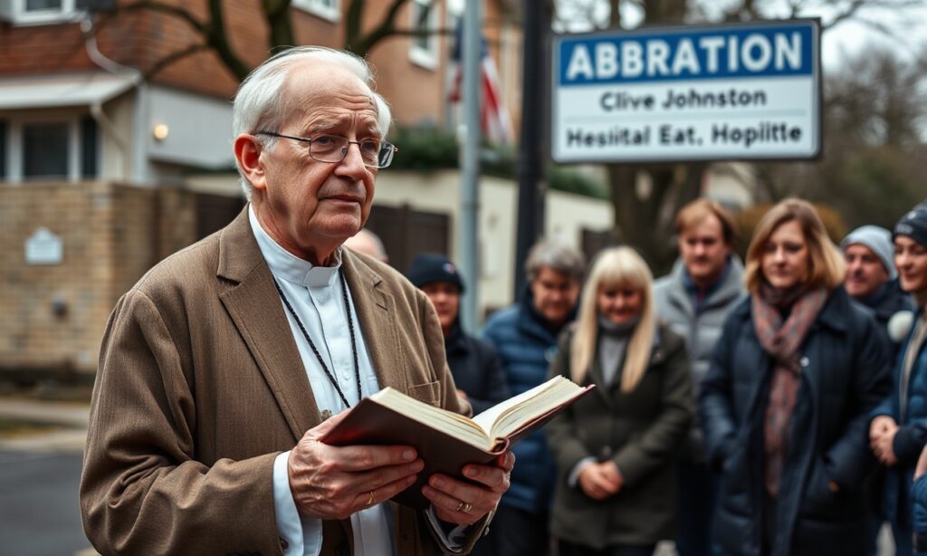 78-letni pastor Clive Johnston głosi Ewangelię Jana 3:16 na zewnątrz szpitala dokonującego aborcji w Irlandii Północnej