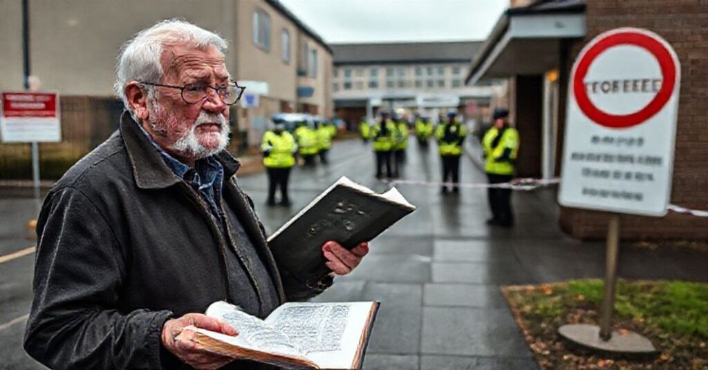 76-letni protestancki pastor Clive Johnston stoi poważnie przed szpitalem wykonującym aborcje w Irlandii Północnej, trzymając otwartą Biblię podczas głoszenia Ewangelii. Scena rozgrywa się za granicami tzw. strefy buforowej?