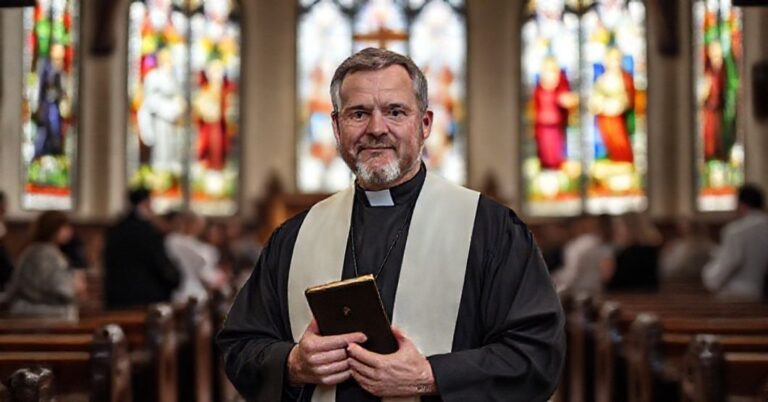 Wizerunek pastora Dereka Reimera w kościele katolickim z Biblią w ręku; symbolizuje walkę o obronę moralności dzieci.