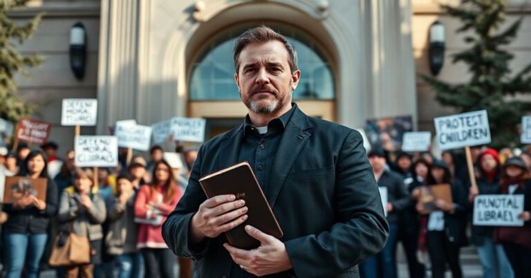 Pastor Derek Reimer stoi przed biblioteką w Calgary z Biblią w ręku, otoczony przez wspierających go ludzi.