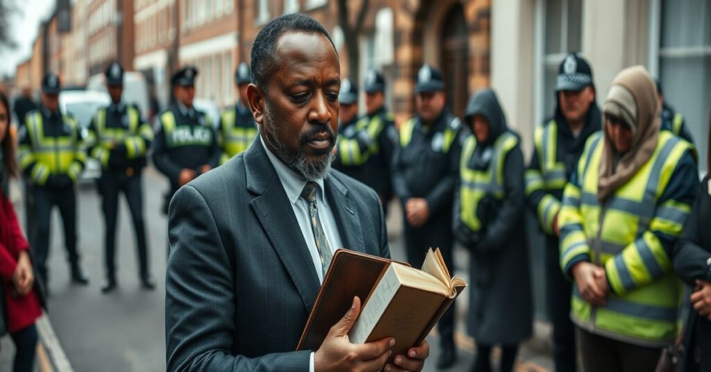 Pastor Dia Moodley stoi z Biblią na ulicy w Bristolu, otoczony parafianami, z policją w tle przedstawiającą prześladowanie za głoszenie prawdy o islamie i transgenderyzmie.