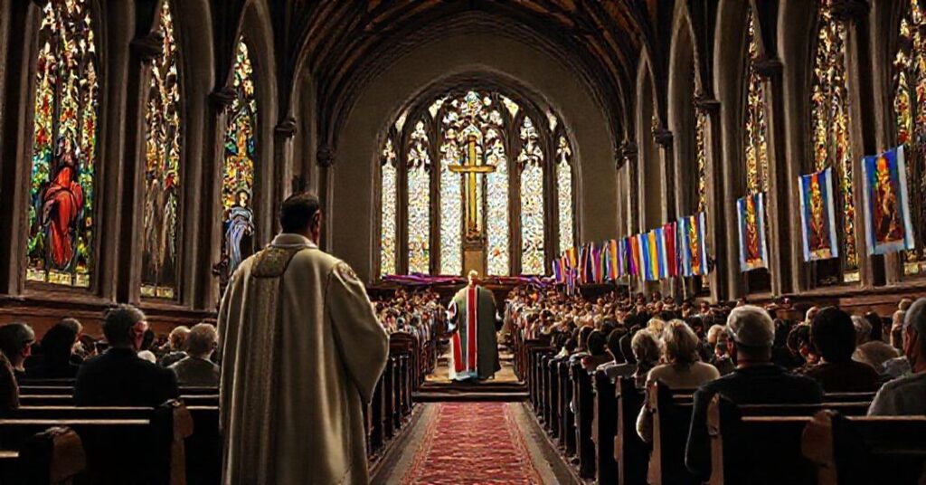 Tradycyjny kościół katolicki z witrażami przedstawiającymi świętych, w tle metodysta pastor Phillip Phaneuf deklarujący się jako kobieta transpłciowa podczas kazania.