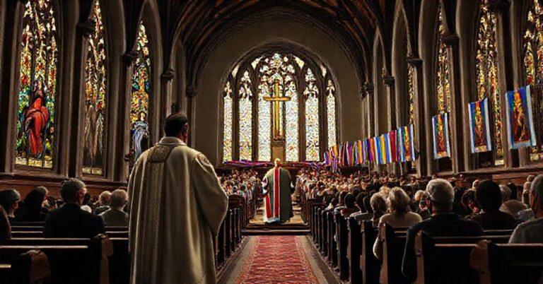Tradycyjny kościół katolicki z witrażami przedstawiającymi świętych, w tle metodysta pastor Phillip Phaneuf deklarujący się jako kobieta transpłciowa podczas kazania.