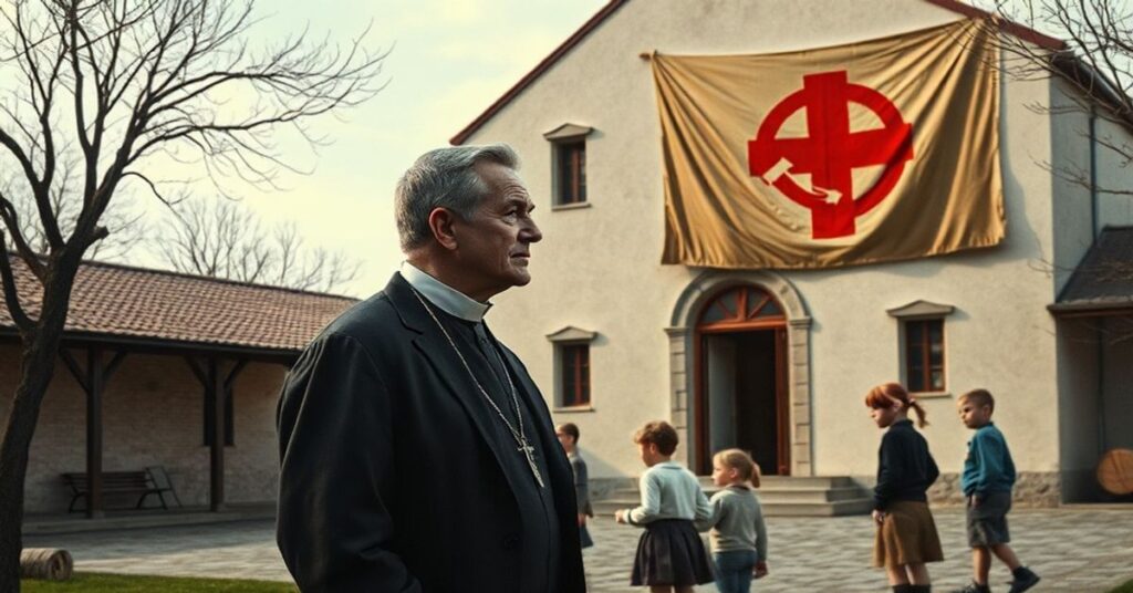 Pastor Gábor Sztehlo przed kościołem z dziećmi żydowskimi i niemieckimi w tle