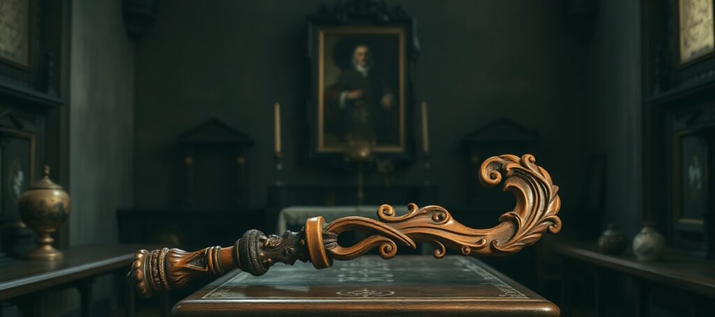 Tradycyjny katolicki pastorał na ołtarzu w ciemnej kościelnej przestrzeni, otoczony starymi przedmiotami religijnymi. Wykonany z drewna z różnych kontynentów symbolizuje synkretyzm potępiany przez sedewakantystów.
