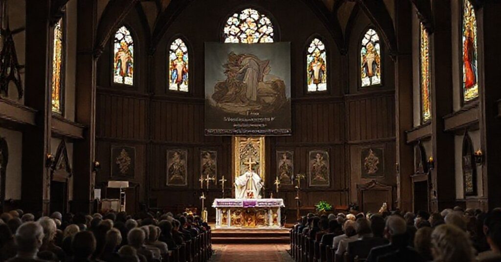 Wnętrze kościoła w Paszkówce podczas uroczystości 700-lecia parafii Przemienienia Pańskiego. Nowoczesny sceniczny wystrój ołtarza z "abp" Marek Jędraszewskim wygłaszającym homilię. Tabernakulum jest puste.