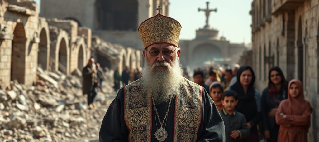 Portret Patriarchy Chaldejskiego Mar Paula III Nonę w ruinach Mosulu, otoczonego chrześcijańską rodziną w cierpieniu.