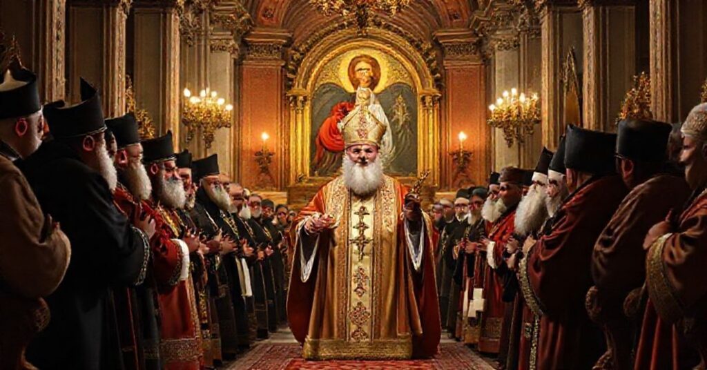 Patriarcha ekumeniczny Bartłomiej I podczas przemówienia na Boże Narodzenie w szpiczastym kościele otoczony przez przedstawicieli różnych sekt.