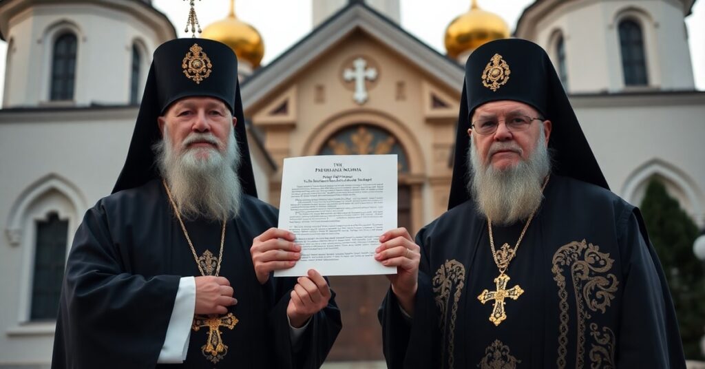 Patriarchowie Bułgarii i Rumunii w uroczystych szatach kościelnych stoją przed prawosławną cerkwią, trzymając wspólne oświadczenie potępiające ideologię LGBT