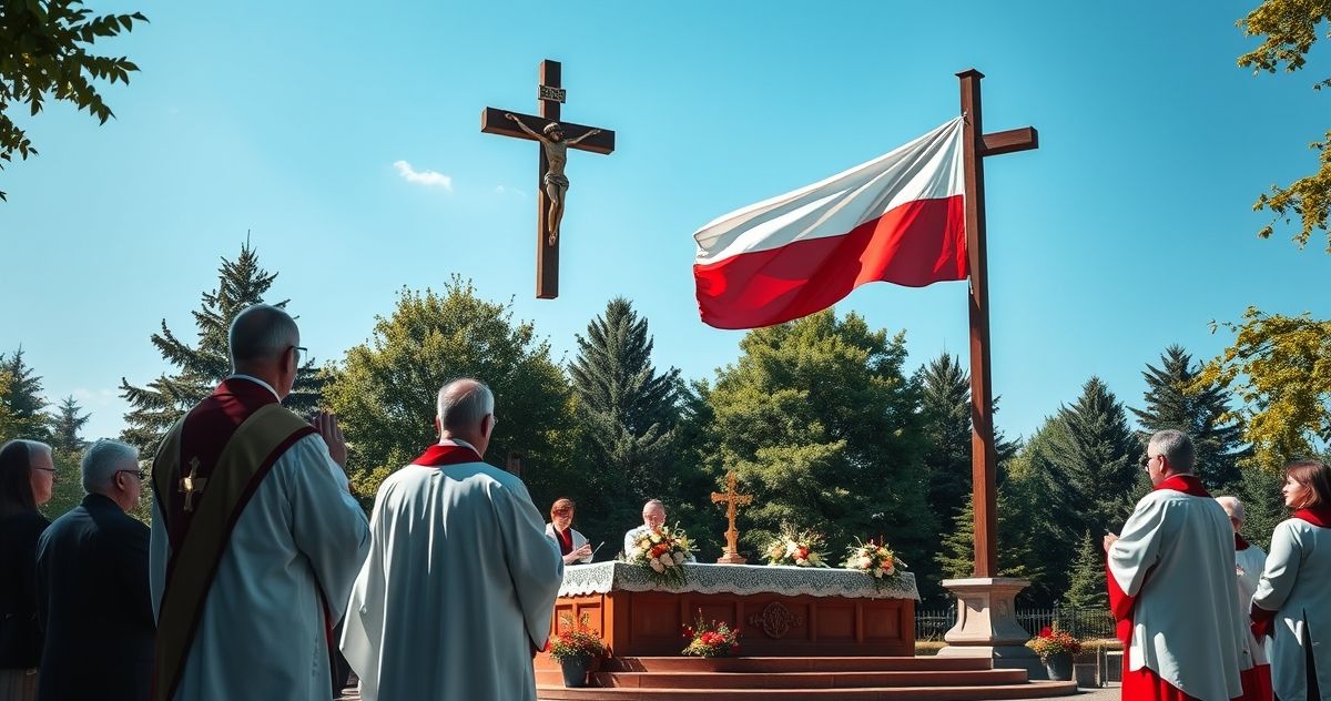 Szczegółowa, pełna szacunku scena katolicka z kapłanami, krzyżem i polską flagą podczas patriotycznego nabożeństwa na zewnątrz, ukazująca wiarę i patriotyzm w duchu tradycji katolickiej.