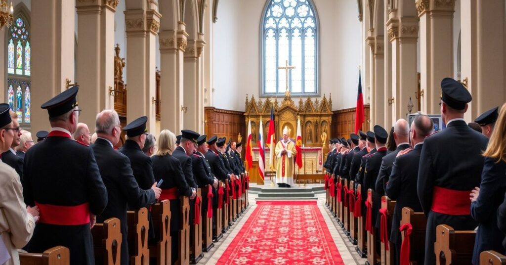Wizerunek uroczystości patriotycznych w kościele Św. Marcina we Wrocławiu, bez autentycznego sakralnego charakteru.
