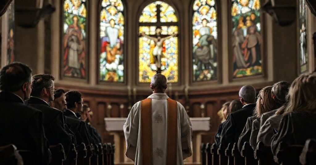 Wnętrze tradycyjnego kościoła katolickiego z księży w szatach liturgicznych i zaniepokojonymi parafianami przed ołtarzem. Scena ilustruje konflikt między prawdziwym patriotyzmem katolickim a modernistycznym "patriotyzmem otwartym" omawianym w artykule Marcina Przeciszewskiego.