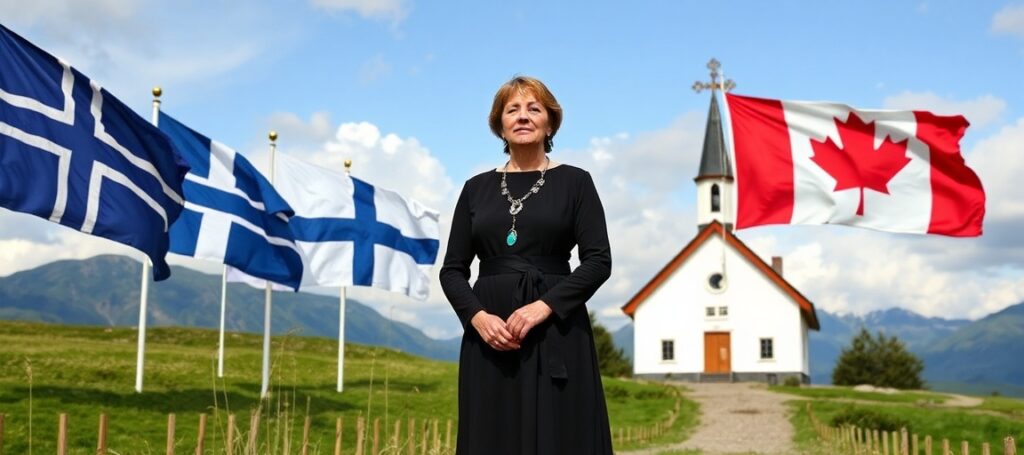 Patrycja Bukalska stojąca na tle flag Unii Europejskiej i krajów nordyckich w tradycyjnym europejskim krajobrazie z kościołem na tle
