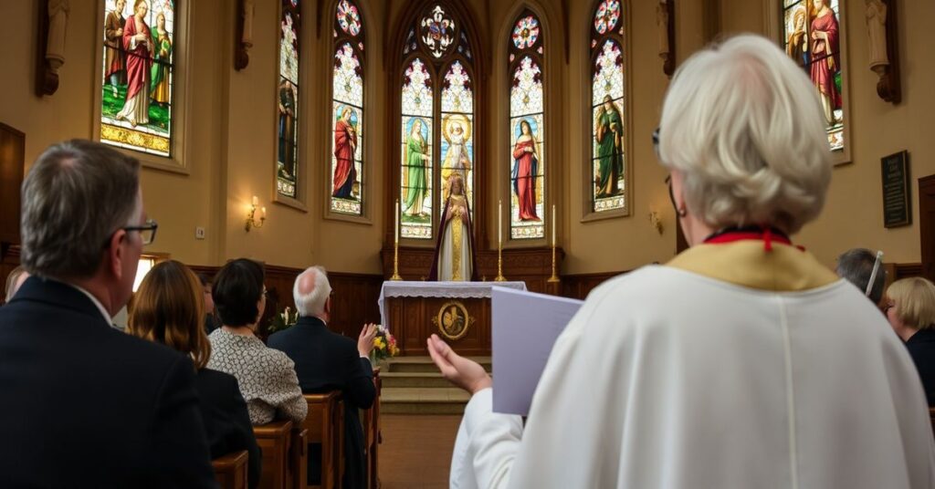 Patrycja Hurlak wygłasza sentymentalne przemówienie w kościele św. Marcina w Jawiszowicach, podczas rekolekcji o błędnej naturze Mszy Świętej.