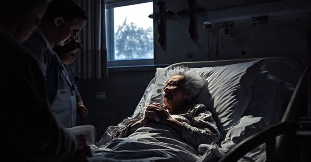 Obraz przedstawiający Paulette Fiset-Germain w szpitalu Manoir Cap-Santé, otoczoną przez personel medyczny i rodzinę. Scena jest poważna i pokojowa, z krucyfiksem na tle.