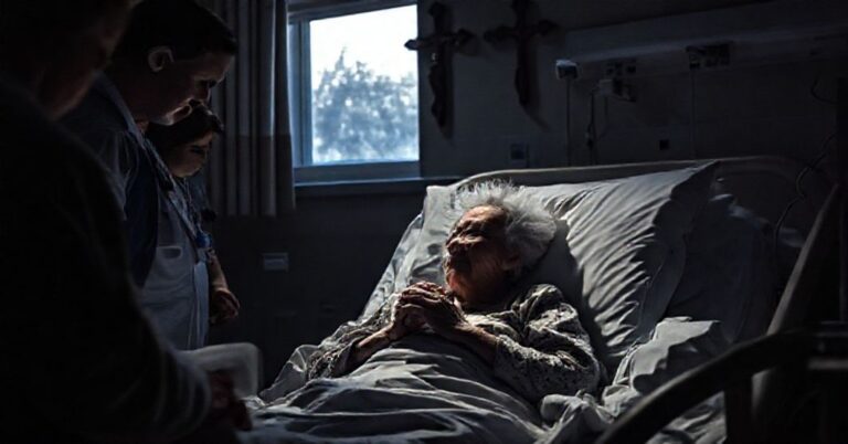 Obraz przedstawiający Paulette Fiset-Germain w szpitalu Manoir Cap-Santé, otoczoną przez personel medyczny i rodzinę. Scena jest poważna i pokojowa, z krucyfiksem na tle.