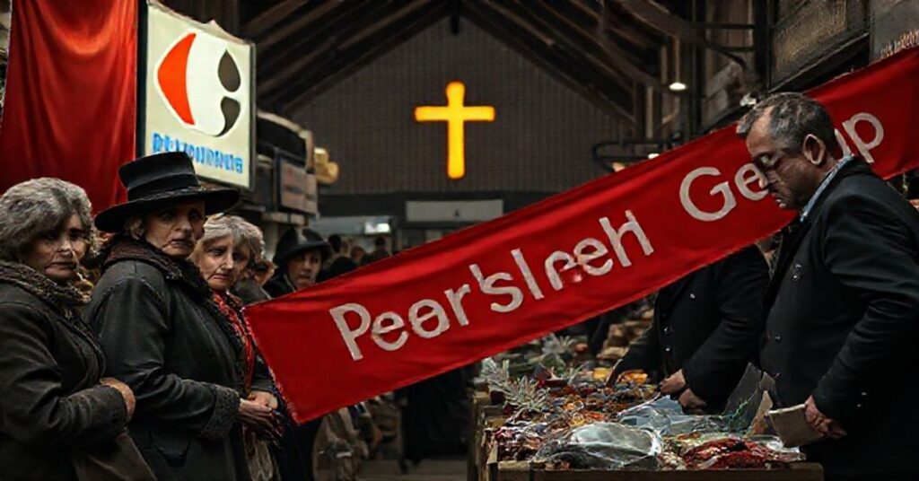 Ciemny obraz rynku polskiego z handlarzami w klasycznej odzieży i urzędnikami w ciemnych garniturach zabierającymi towary. Tło z widocznym znakiem Carrefour przykrywanym czerwoną flagą Polskiej Grupy Spożywczej. Skromny krzyż w oddali symbolizujący porzucony porządek boski.