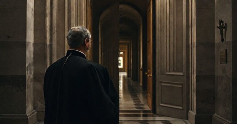 Zatroskany ksiądz w tradycyjnych szatach stoi przed półotwartą drzwiami Pałacu Apostolskiego w Rzymie, symbolizując wykluczenie z prawdziwych sakramentów.