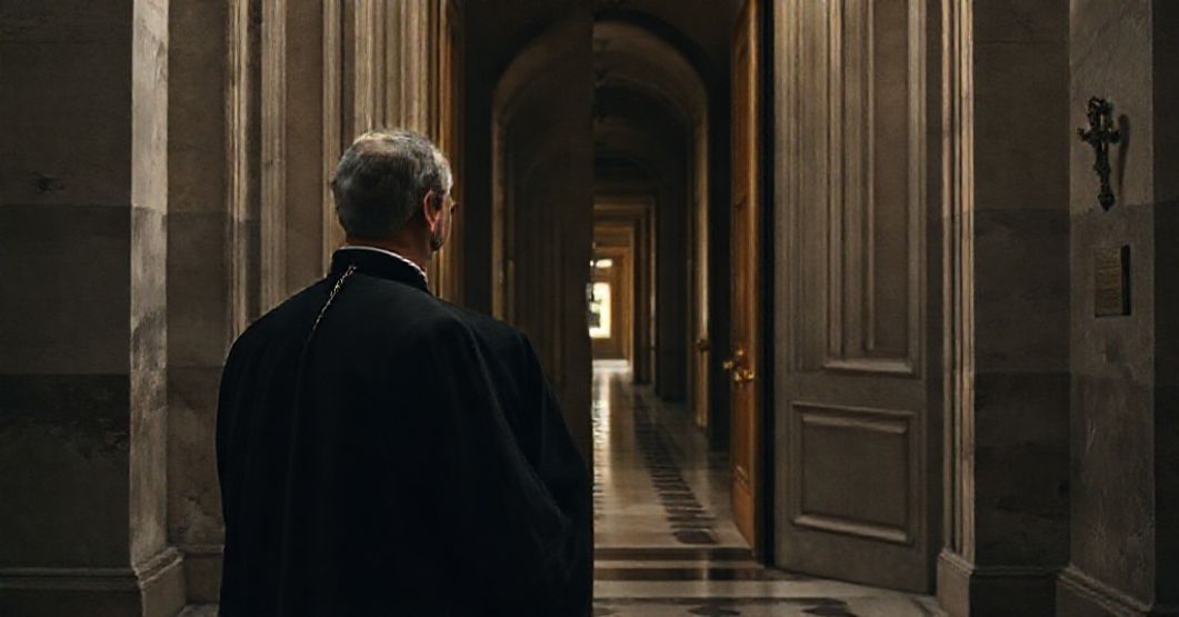 Pałac Apostolski - Symbol Apostazji Zatroskany ksiądz w tradycyjnych szatach stoi przed półotwartą drzwiami Pałacu Apostolskiego w Rzymie, symbolizując wykluczenie z prawdziwych sakramentów.