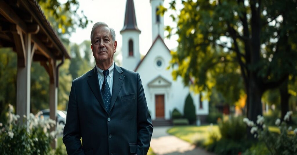 Portret Pawła Szrota w tradycyjnym polskim otoczeniu z kościołem katolickim na tle, refleksja nad polityczno-gospodarczymi aspektami programu 'Polskie SAFE 0 procent'.