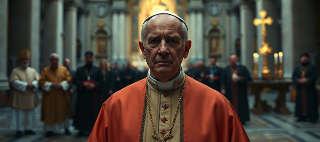Portret Giovanniego Battisty Montiniego (Paweł VI) w tradycyjnych szatach papieskich przed bazyliką watykańską, symbolizujący jego heretyckie dziedzictwo.