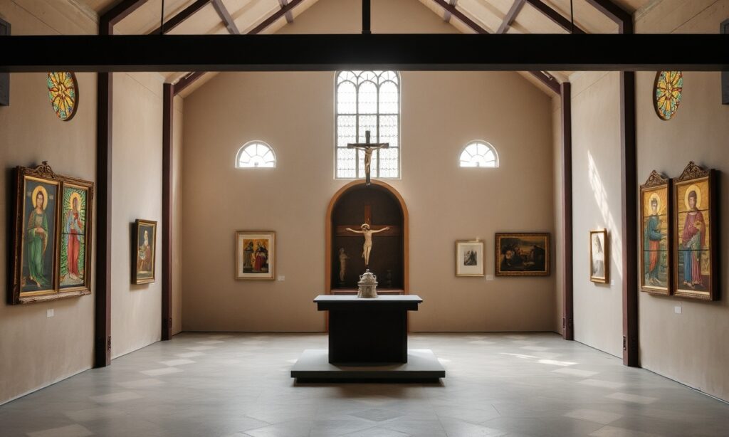 Wnętrze Pawilonu Watykańskiego na 61. Biennale Sztuki w Wenecji z ołtarzem i krzyżem na tle tradycyjnych ikon i dzieł sztuki na temat kontemplacji
