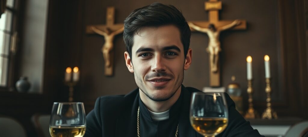 Młody Pedro Ballester z Opus Dei w tradycyjnym katolickim otoczeniu: tenisówka i szklanka whisky symbolizują fałszywe pozytywne nastawienie w opowieściach o beatyfikacjach w Kościele po soborowym.
