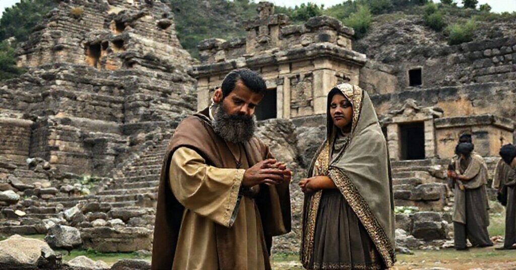 Realistyczny obraz brata Franciszkańskiego Pedra de Gante ochrzczącego Juana Diego i jego żonę w XVI-wiecznej Meksyce, otoczony ruinami Azteków i misjonarzami katolickimi.