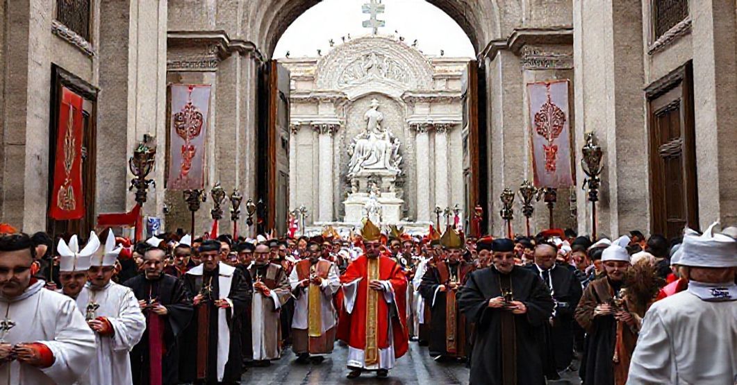 Pielgrzymka polonijnej rady duszpasterskiej pod przewodnictwem fałszywego biskupa i antypapieża w Rzymie, symbolizująca ekumeniczny synkretyzm i odchylenie od prawdziwej wiary