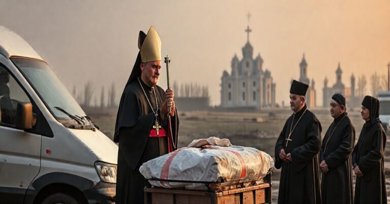 Obrędły "biskup" Ryszard Kasyna udziela fałszywego święcenia pojazdom i sprzętowi medycznemu dla ukraińskich schizmatyków, symbolizując zdradę prawdy katolickiej poprzez ekumenizm.