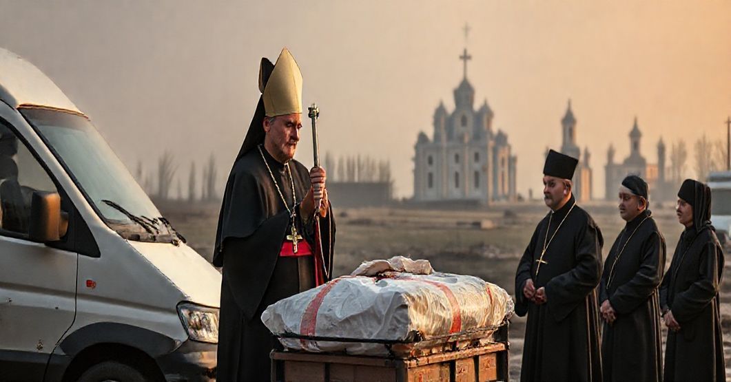 Obrędły "biskup" Ryszard Kasyna udziela fałszywego święcenia pojazdom i sprzętowi medycznemu dla ukraińskich schizmatyków, symbolizując zdradę prawdy katolickiej poprzez ekumenizm.