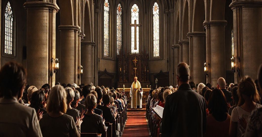 Wnętrze katedry w Pelplinie podczas Diecezjalnego Kongresu Różañcowego. Wierni modlą się różańcem, ale z widocznymi oznakami modernistycznych odchyleń.