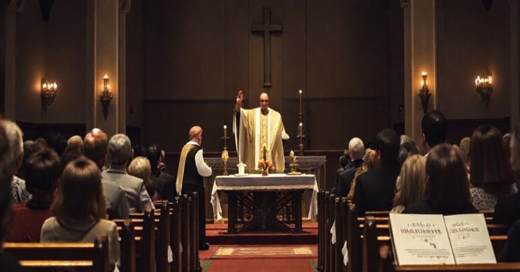 Ciemna kaplica z mszą świętą prowadzoną przez biskupa w nowoczesnych szatach liturgicznych. Skupiona grupa wolontariuszy Caribas siedzi wokół stołu podczas zgromadzenia. Na tle widoczne są plakaty o tematyce humanitarnej.