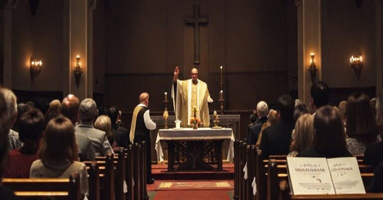Ciemna kaplica z mszą świętą prowadzoną przez biskupa w nowoczesnych szatach liturgicznych. Skupiona grupa wolontariuszy Caribas siedzi wokół stołu podczas zgromadzenia. Na tle widoczne są plakaty o tematyce humanitarnej.