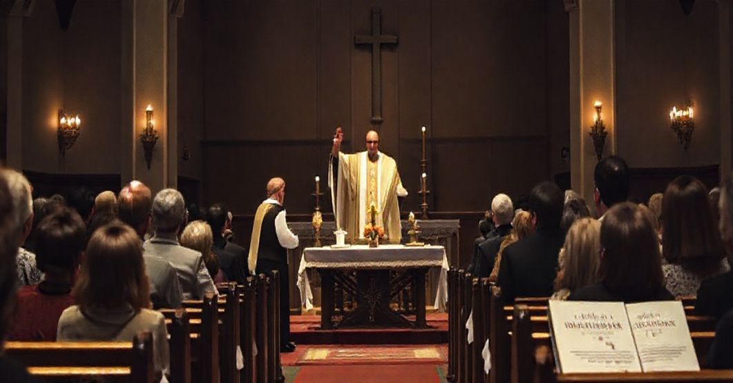 Ciemna kaplica z mszą świętą prowadzoną przez biskupa w nowoczesnych szatach liturgicznych. Skupiona grupa wolontariuszy Caribas siedzi wokół stołu podczas zgromadzenia. Na tle widoczne są plakaty o tematyce humanitarnej.