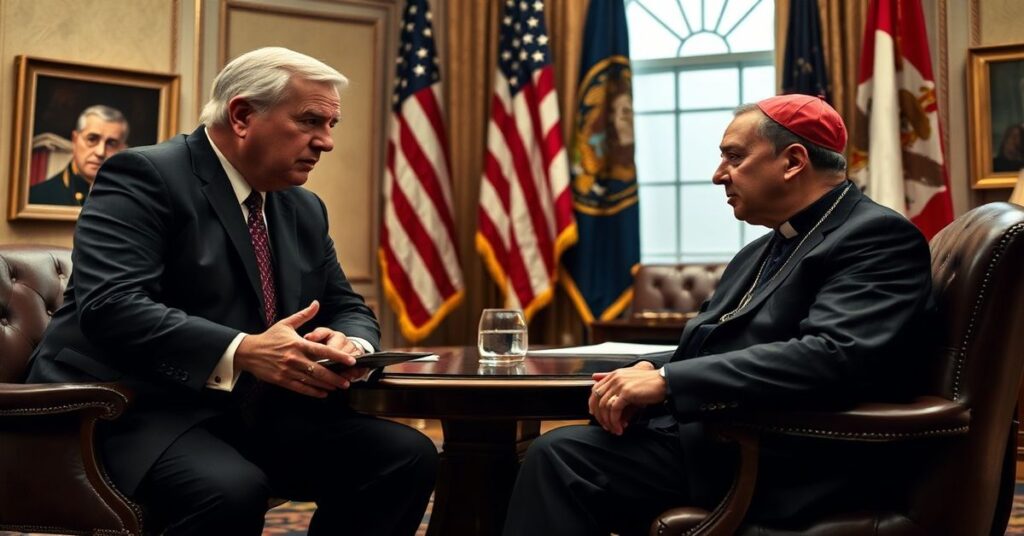 Spotkanie Elbridge'a Colby'ego z fałszywym kardynałem Christophe'em Pierre'em w Pentagonie w Waszyngtonie w 2026 roku. Colby agresywnie poucza Pierre'a o potędze militarnej USA.