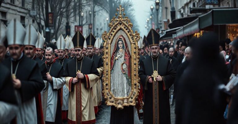 Procesja z ikoną Matki Boskiej Częstochowskiej w diecezji sosnowieckiej z biskupami posoborowymi i sprzedażą pamiątek