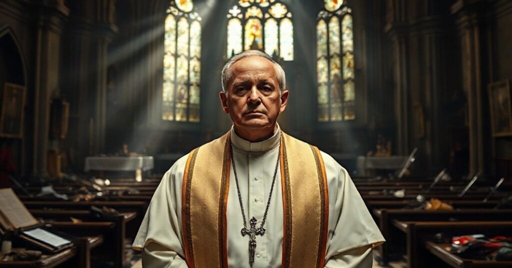 Ksiądz w tradycyjnych szatach liturgicznych stoi przed zamkniętymi drzwiami kościoła z troską na twarzy. W tle widoczny jest zdewastowany wnętrze kościoła z rozrzuconymi przedmiotami sakralnymi. Scena jest ujęta w świetle przelatującym przez witraże.